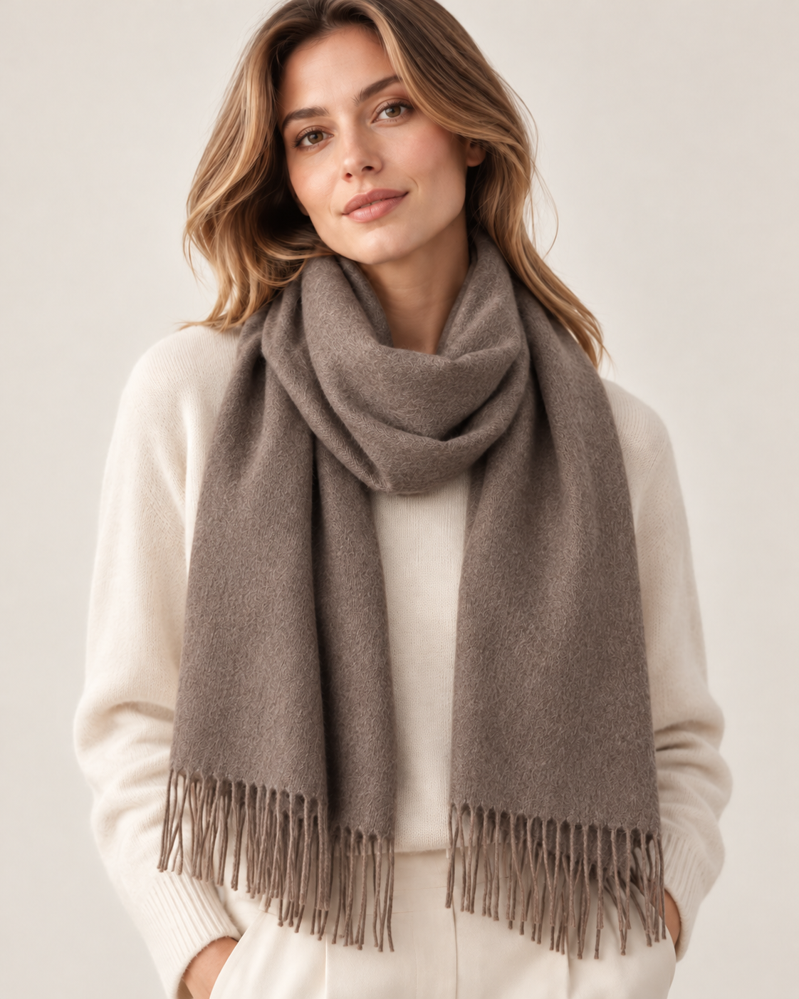 Cachecol cinzento-bege de 100% cashmere para mulher Paris (5)