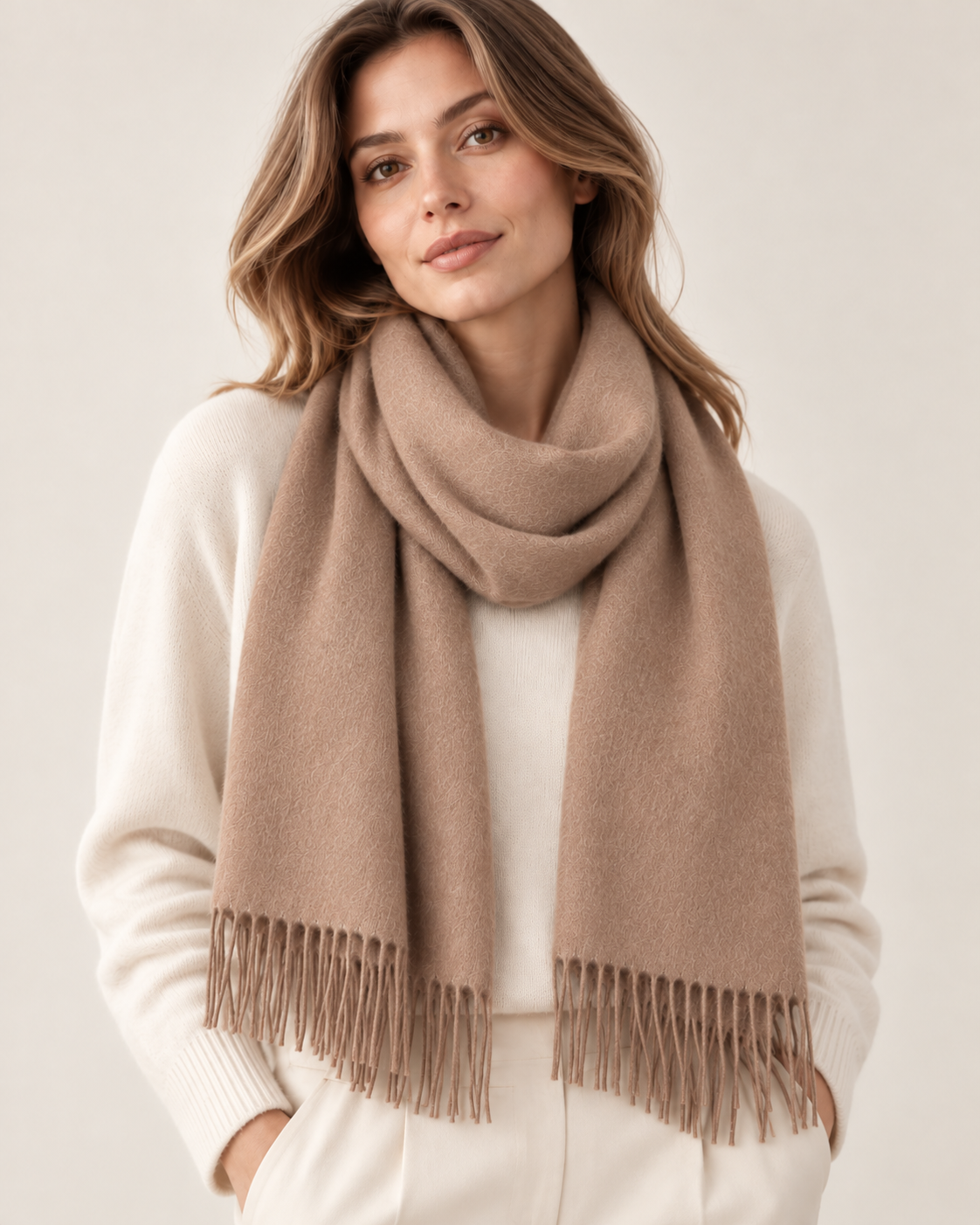 Cachecol liso bege de cashmere para mulher Paris (5)