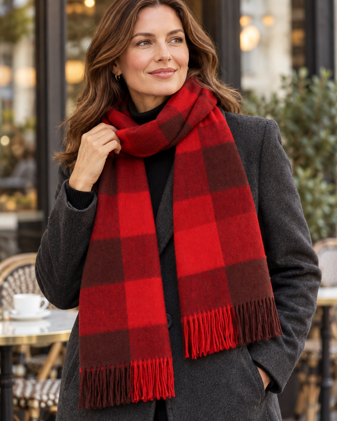Cachecol vermelho e bordô com quadrados grandes em 100% lã – York (5)