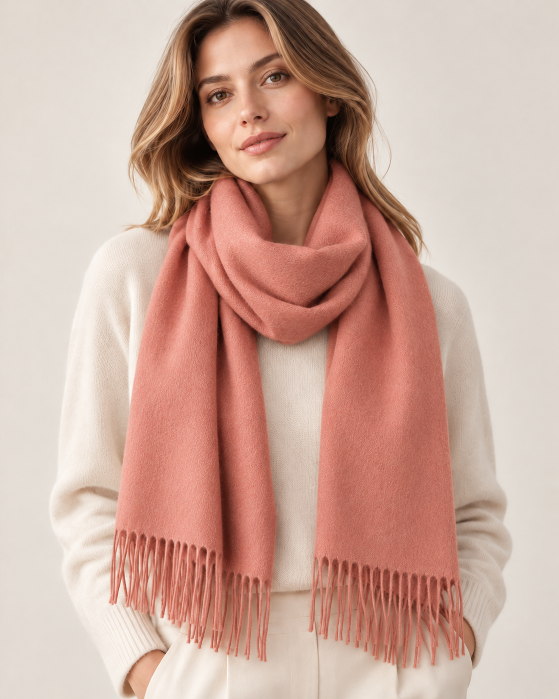 Cachecol liso de cashmere rosa-pó para mulher Paris (5)
