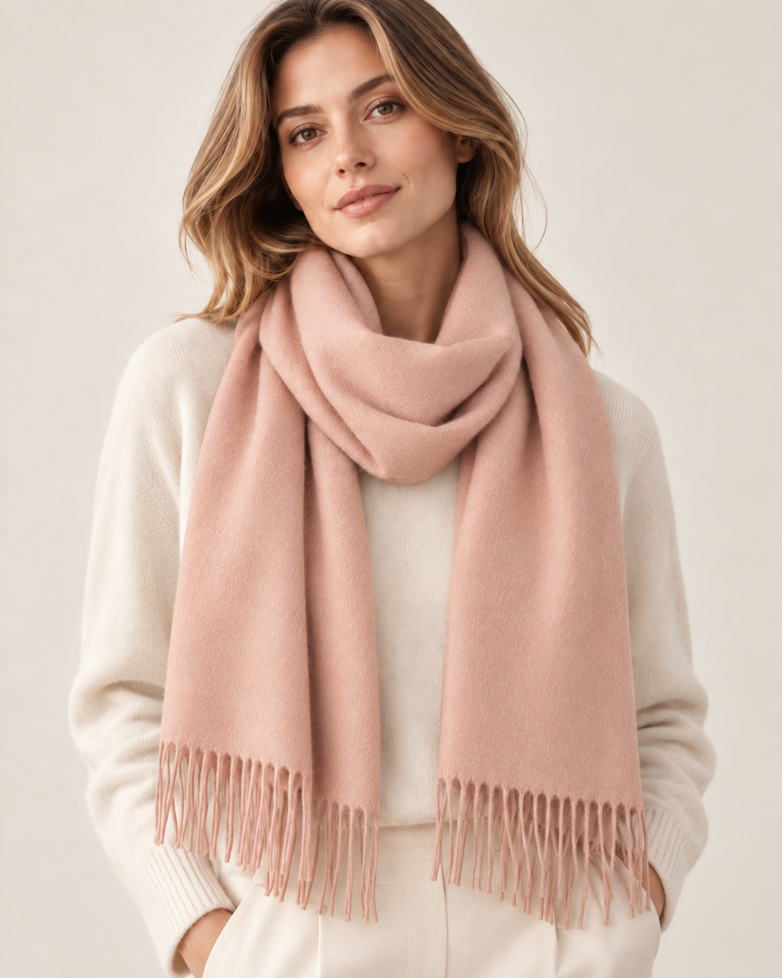 Cachecol liso rosa-claro de cashmere para mulher Paris (5)