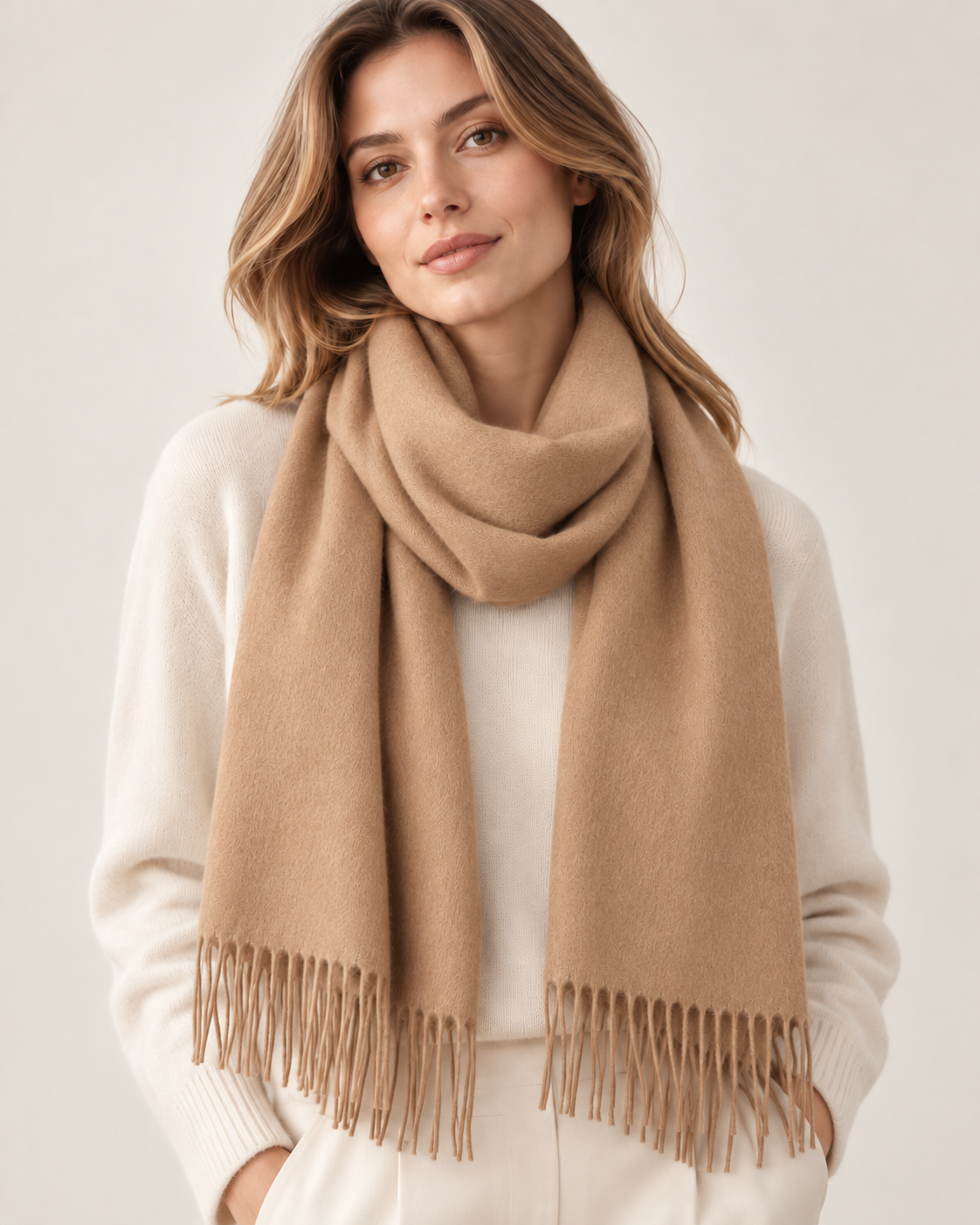 Cachecol de inverno bege-claro de cashmere para mulher Paris (5)