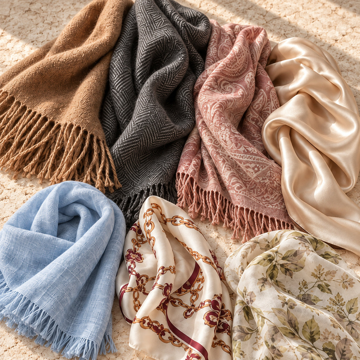 Sete lenços em diversas cores e estampas — incluindo marrom liso, cinza, paisley rosa, cetim bege, azul claro, marfim com correntes e floral creme — estão artisticamente dispostos sobre uma superfície bege texturizada.